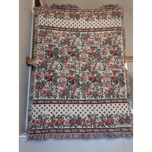 Vintage Goodwin Weavers Tapestry Throw Blanket 44x62" Floral Fringed 100% Cotton